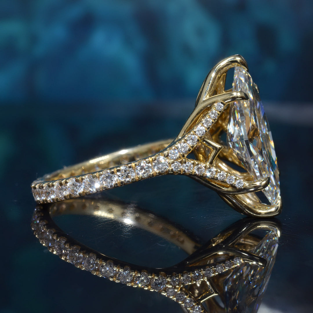 Marquise Diamond  Round U-Pave Split Shank Ring in yellow gold side profile