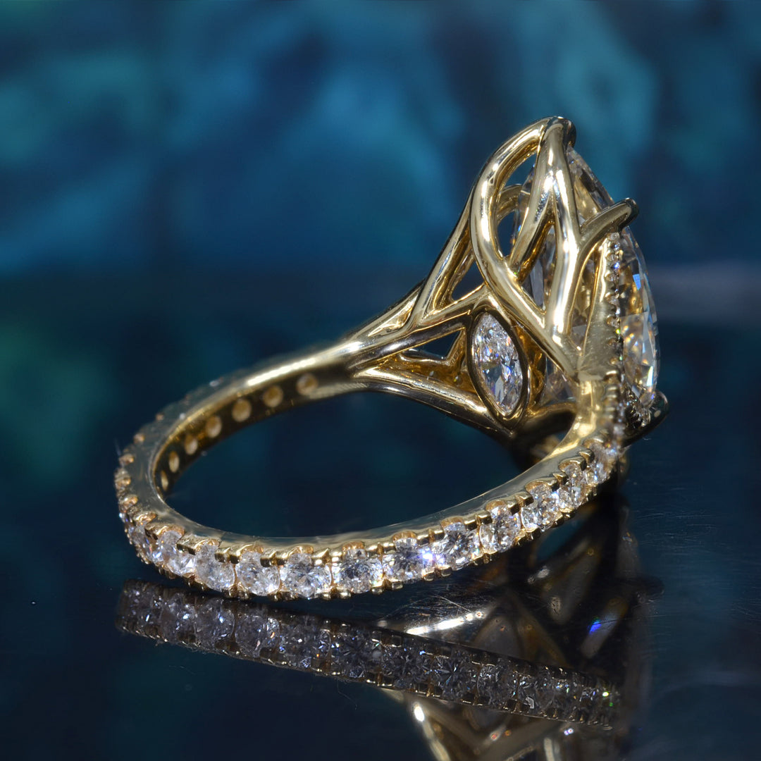 Marquise Diamond  Round U-Pave Split Shank Ring in yellow gold bottom view