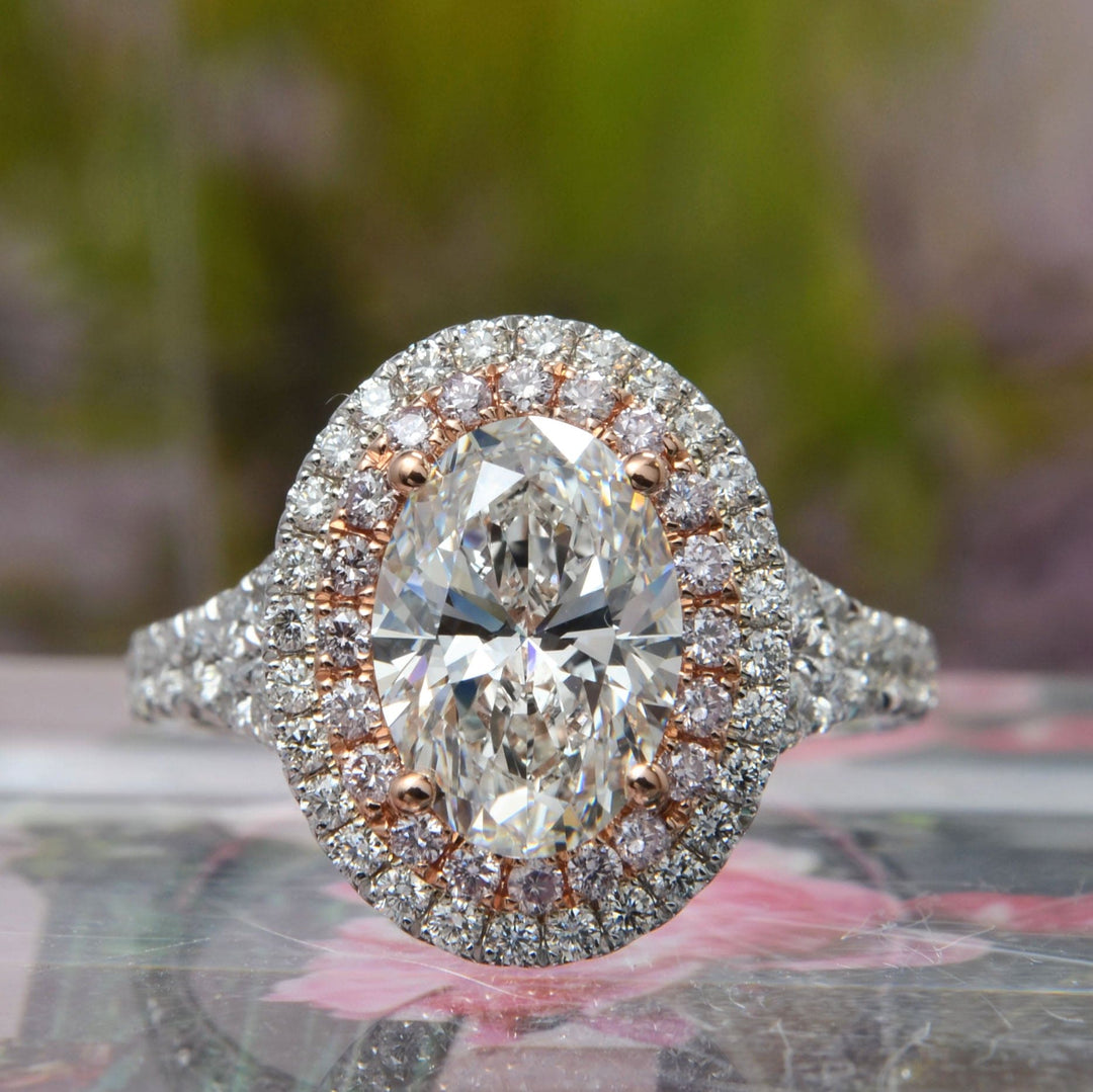 Oval Cut with Pink Diamond Double Halo Ring Front