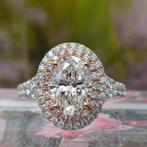 Oval Cut with Pink Diamond Double Halo Ring Front