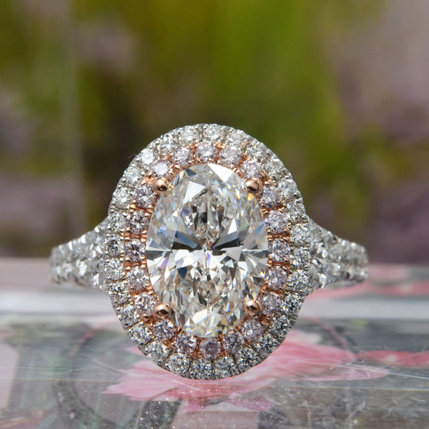 Oval Cut with Pink Diamond Double Halo Ring Front