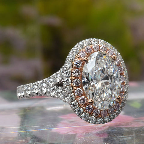 3.86 Ctw Oval Cut with Pink Diamond Double Halo Ring H Color VS2 GIA Certified