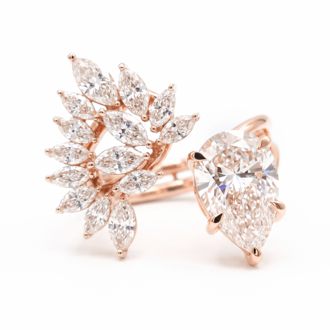 Pear Cut and Marquise Cluster Diamond Bypass Ring in rose gold front view