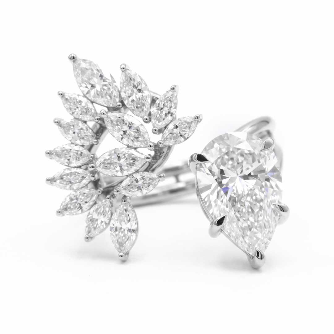 Pear Cut and Marquise Cluster Diamond Bypass Ring in white gold front view