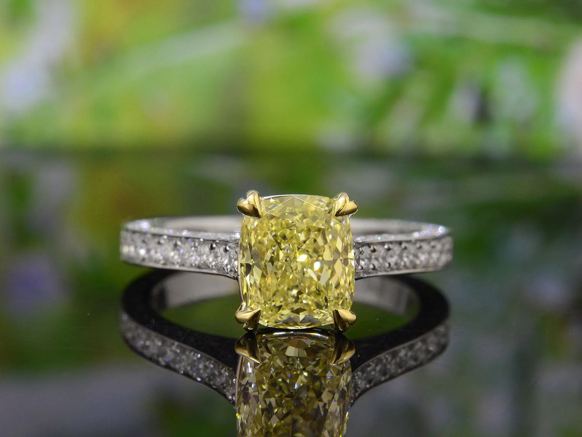 Lab grown yellow cushion cut diamond 3 row pave eternity ring vvs2 igi certified
