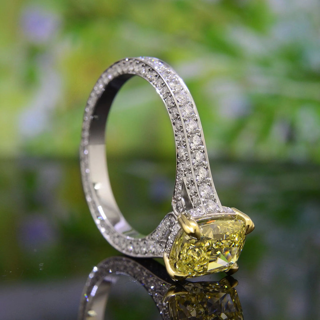 Lab Grown Yellow Cushion Cut Diamond 3-Row Pave Eternity Ring VVS2 IGI Certified