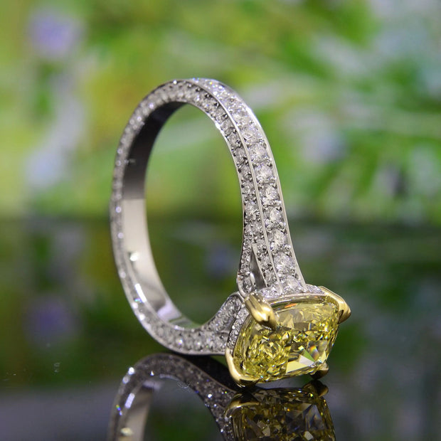 Lab Grown Yellow Cushion Cut Diamond 3-Row Pave Eternity Ring VVS2 IGI Certified