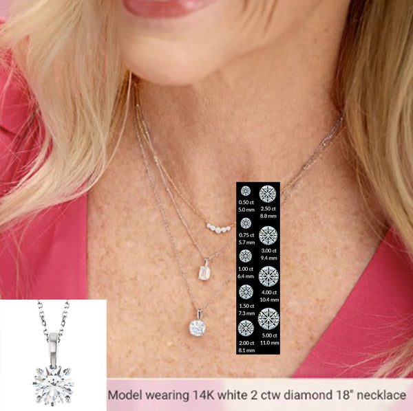 Lab Grown Round Cut Diamond Pendant with Chain on a model with diamond size comparison