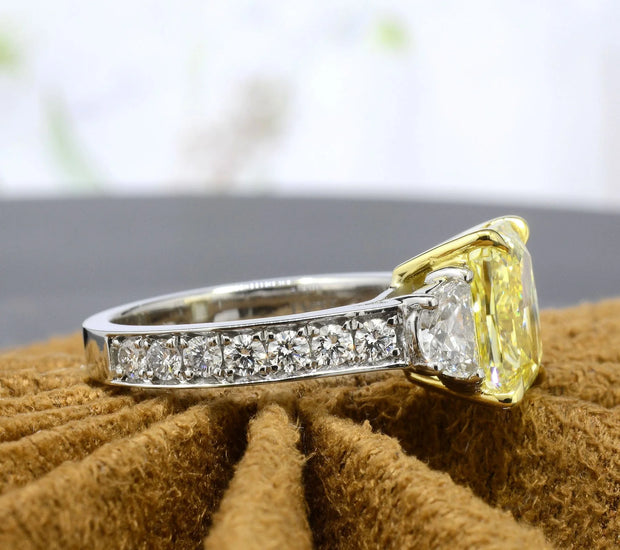 Lab Grown Elongated Yellow Radiant Cut & Half Moon Pave Diamond Ring VVS2 IGI Certified