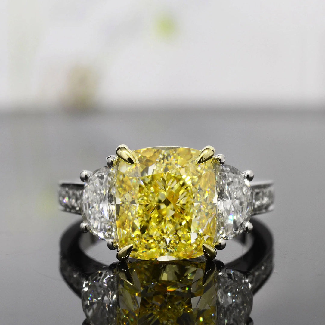 3.90 Ctw. Lab Grown Yellow Cushion Cut & Half Moon Pave Diamond Ring VVS2 IGI Certified