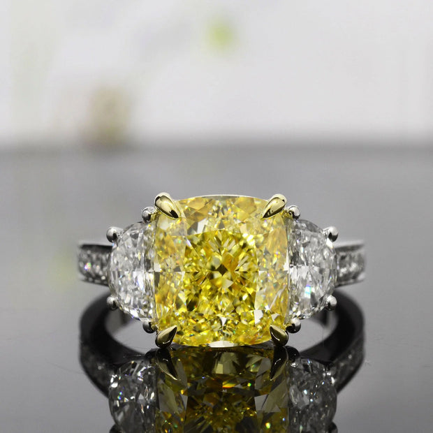 Lab Grown Yellow Cushion Cut & Half Moon Pave Diamond Ring VVS2 IGI Certified