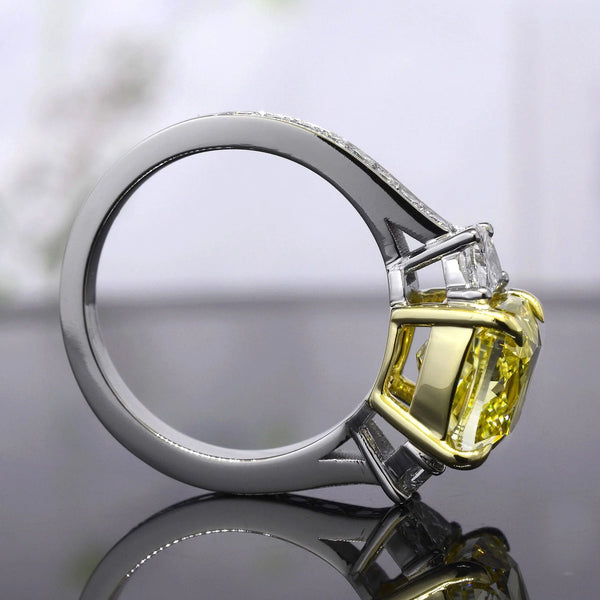 3.90 Ctw. Lab Grown Yellow Cushion Cut & Half Moon Pave Diamond Ring VVS2 IGI Certified