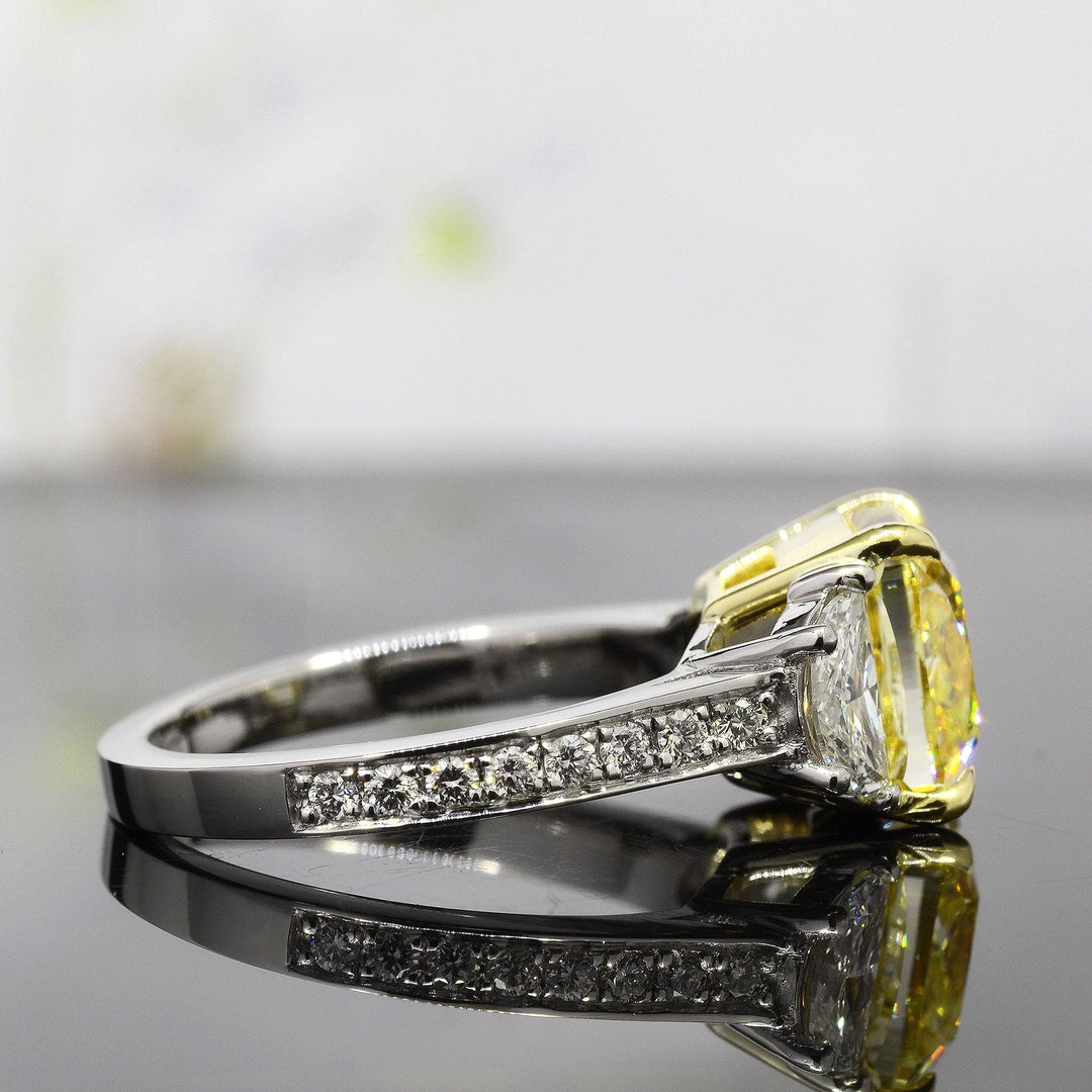 3.90 Ctw. Lab Grown Yellow Cushion Cut & Half Moon Pave Diamond Ring VVS2 IGI Certified