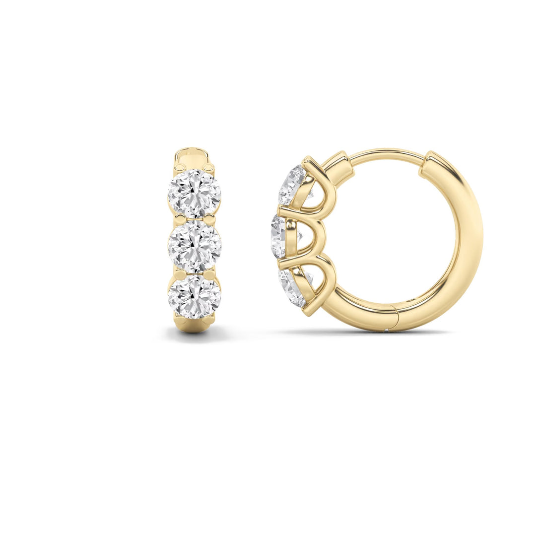 3-stone Round cut Huggie Hoop earrings U setting in yellow gold front and side profile