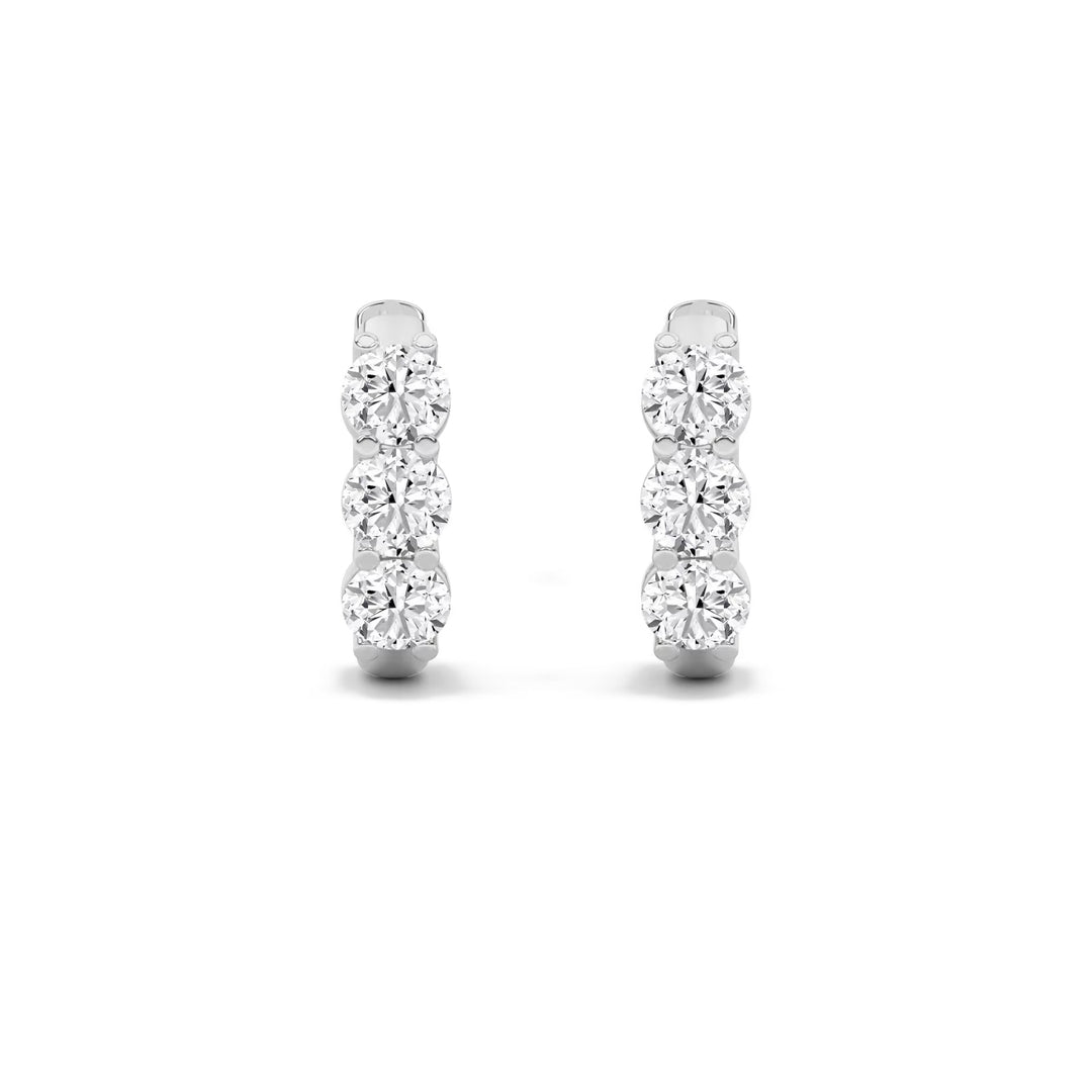 3-stone Round cut Huggie Hoop earrings U setting in white gold front view