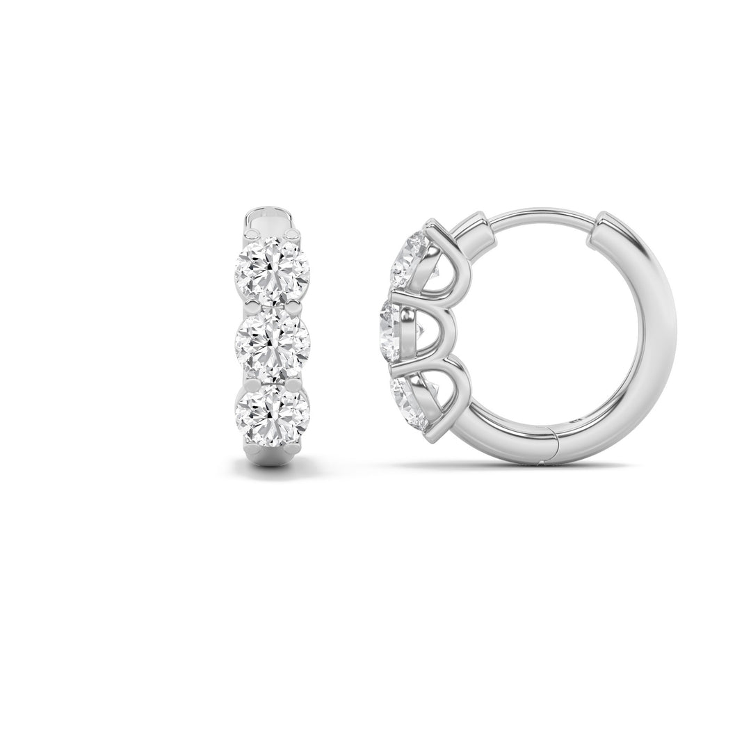 3-stone Round cut Huggie Hoop earrings U setting in white gold front and side profile