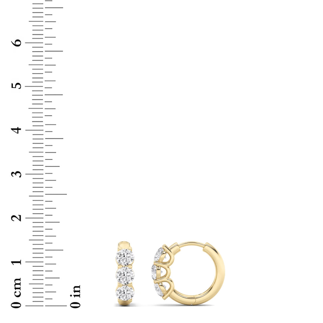 3-stone Round cut Huggie Hoop earrings U setting in yellow gold front and side profile with measurement