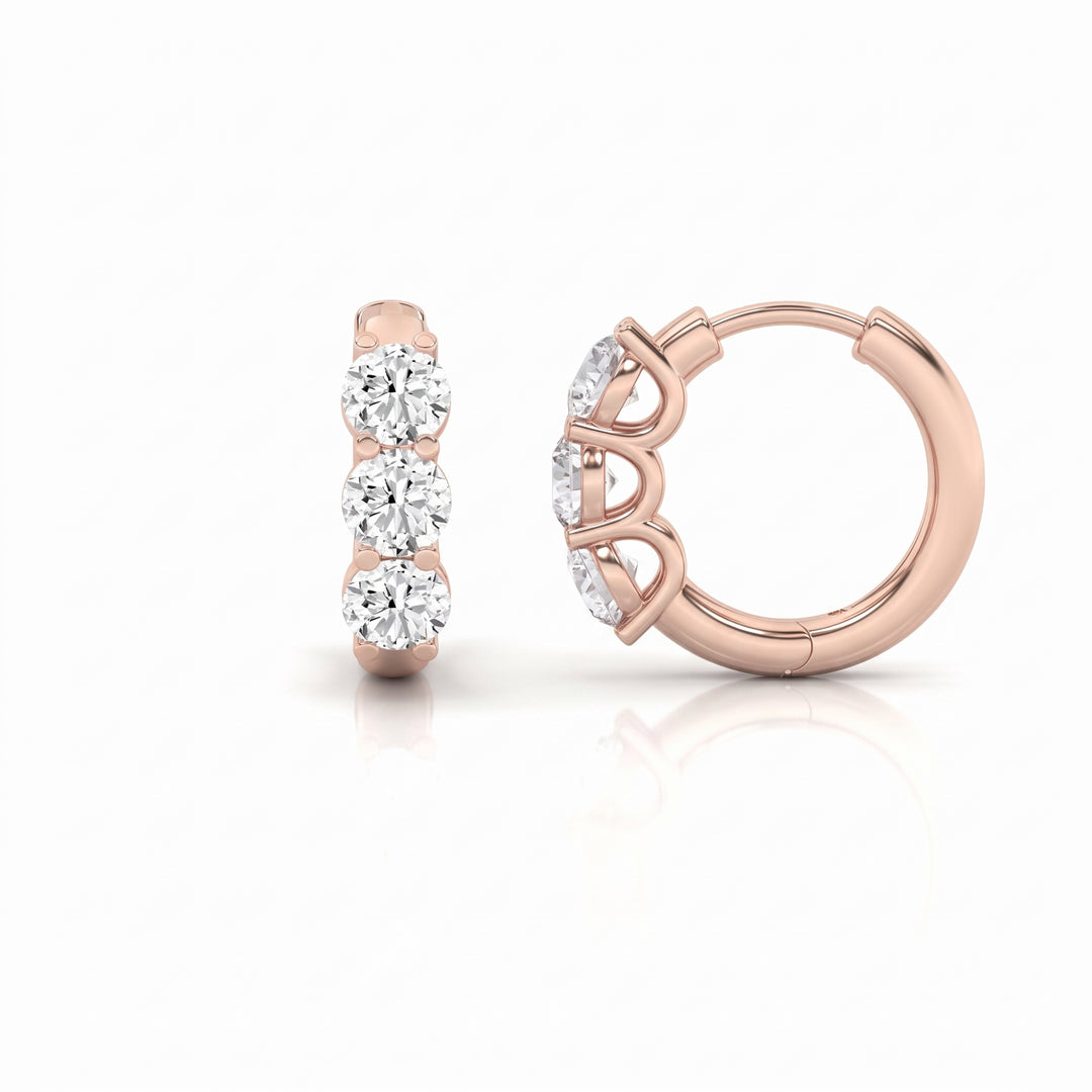 3-stone Round cut Huggie Hoop earrings U setting in rose gold front and side profile