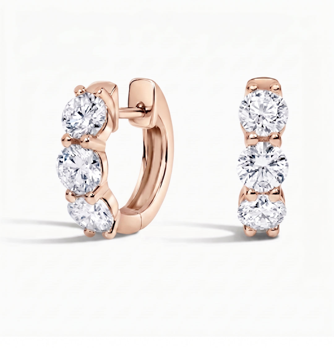 3-stone round cut hoop earrings in rose gold side and front profile