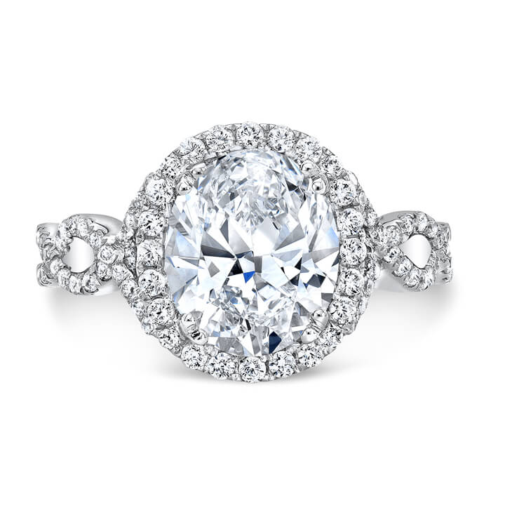 Halo oval cut twist shank engagement ring front view
