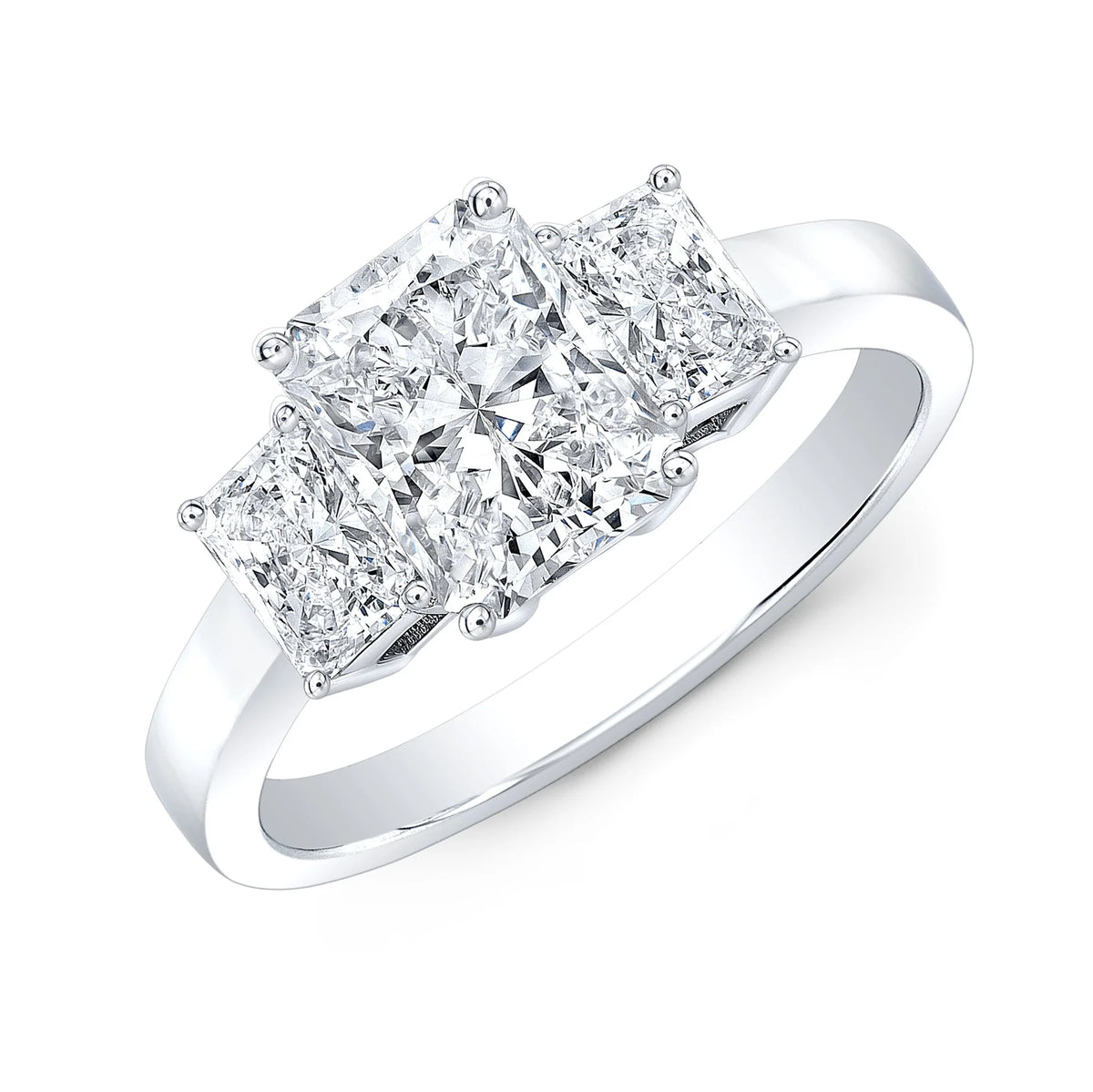 Radiant cut 3 stone diamond ring in white gold