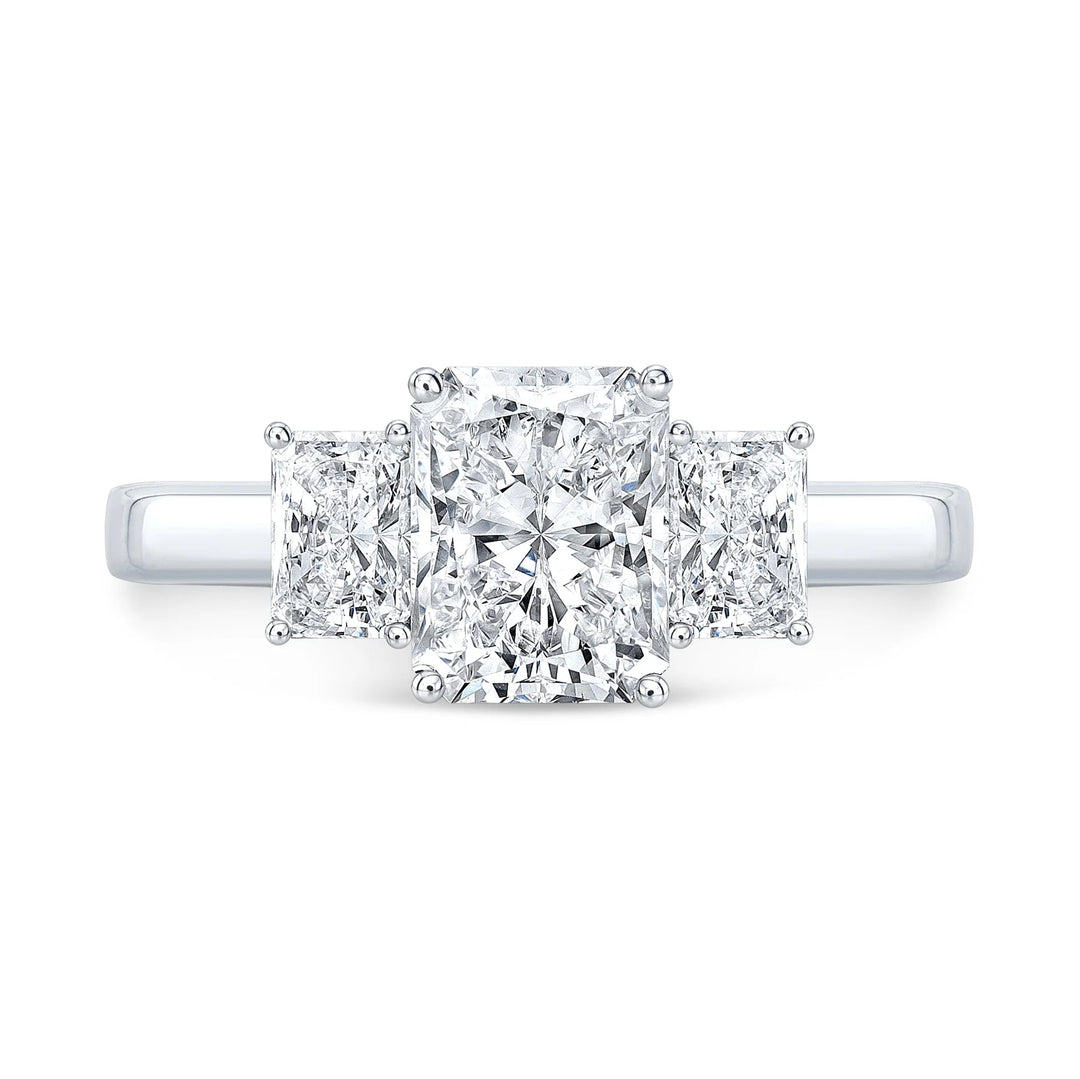 Radiant Cut 3-Stone Diamond Ring in white gold top view