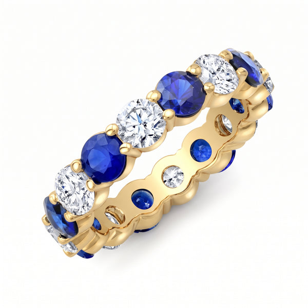 Diamond and Blue Ceylon Sapphire Eternity Ring yellow gold