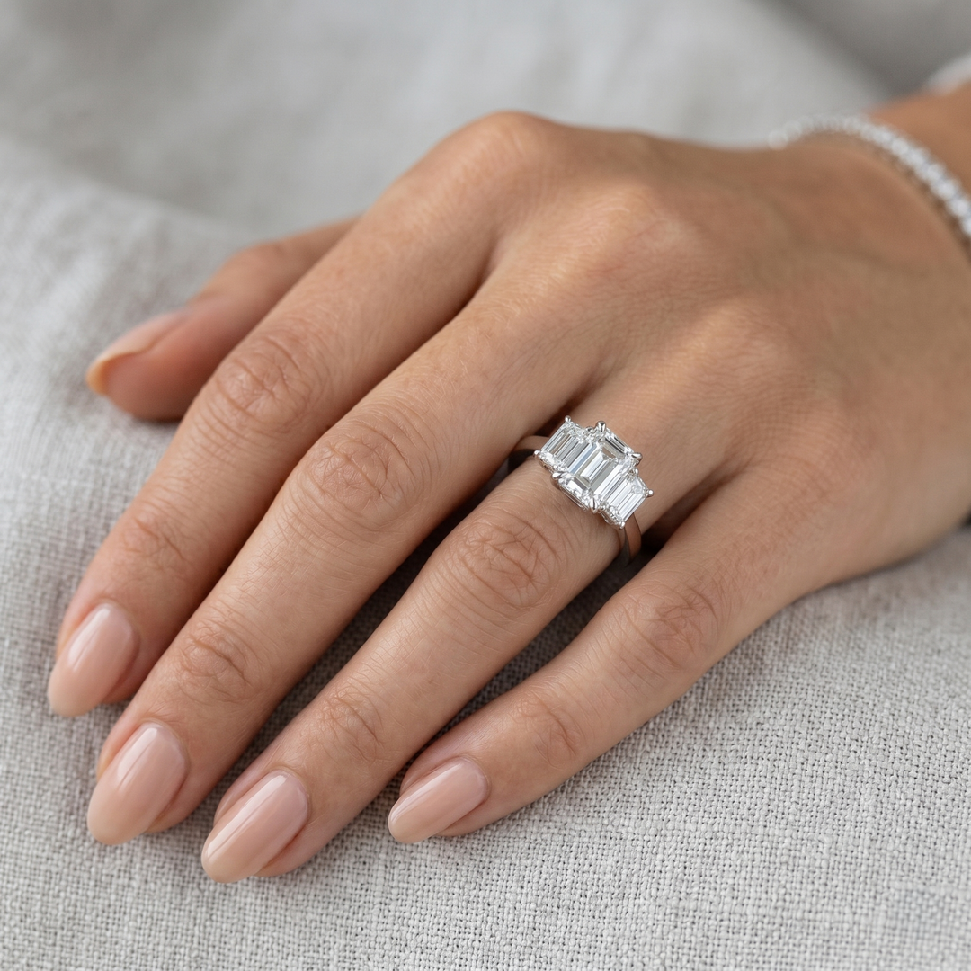 3.40 Ct. Emerald Cut & Baguette 3 Stone Diamond Ring F Color VS1 GIA Certified