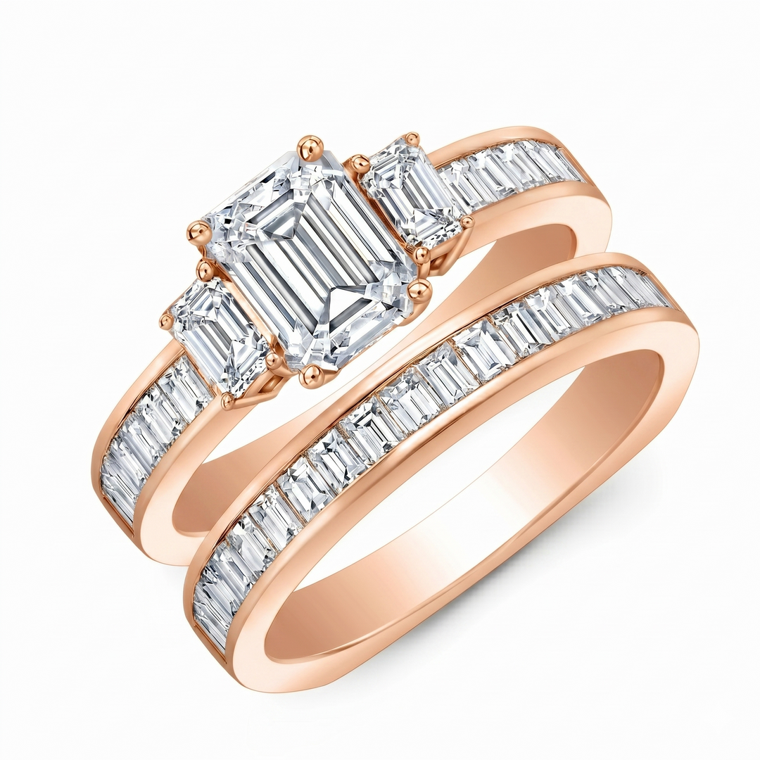 3.70 Ctw Emerald Cut 3 Stone Ring Set & Baguettes H Color VVS1 GIA Certified