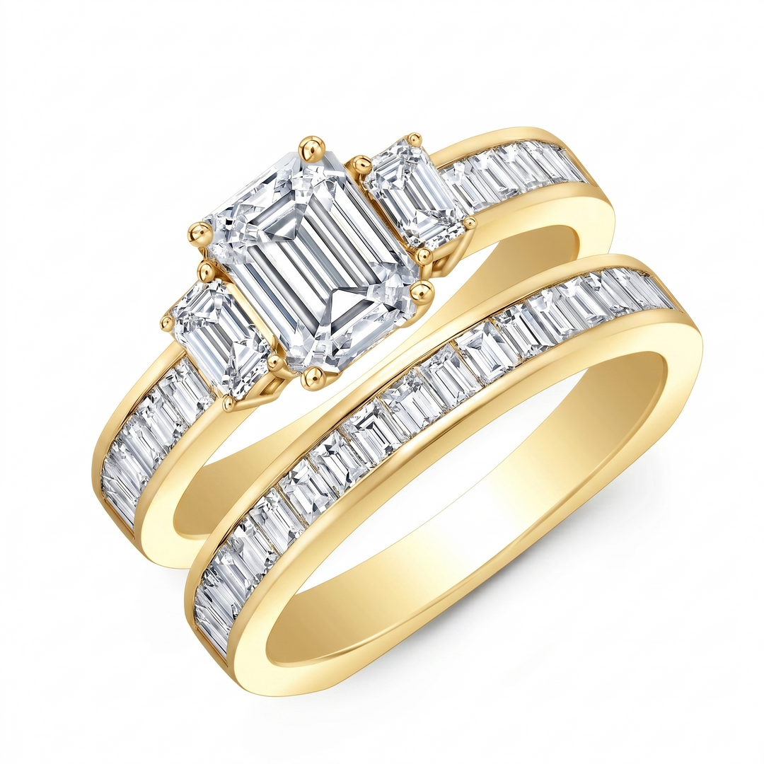 3.70 Ctw Emerald Cut 3 Stone Ring Set & Baguettes H Color VVS1 GIA Certified