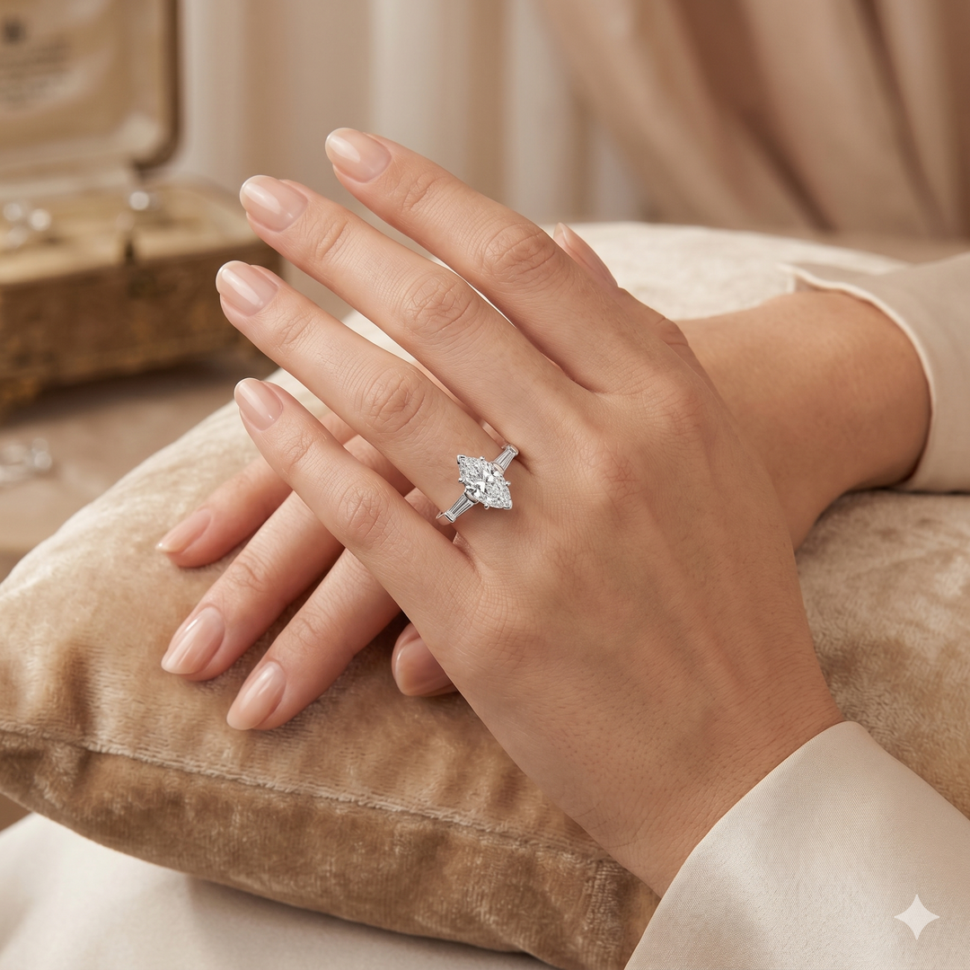 Lab Grown Marquise 3-Stone Diamond Ring with Baguettes D Color VVS1 IGI Certified