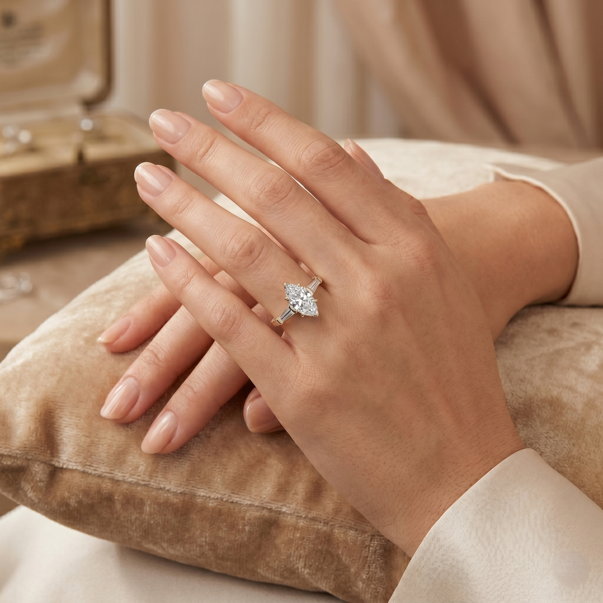 Lab grown marquise 3 stone diamond ring with baguettes d color vvs1 igi certified