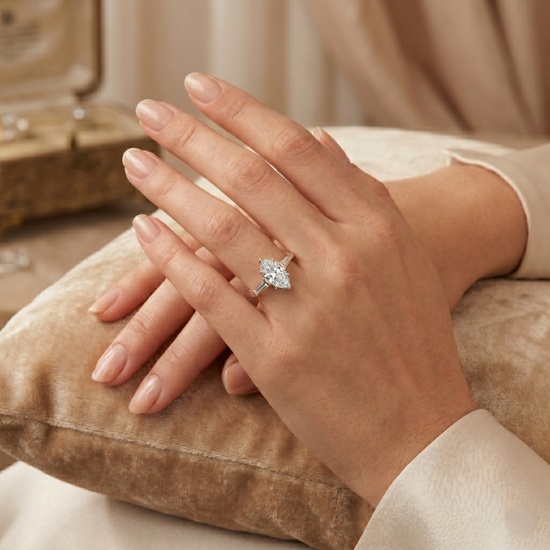 Lab Grown Marquise 3-Stone Diamond Ring with Baguettes D Color VVS1 IGI Certified