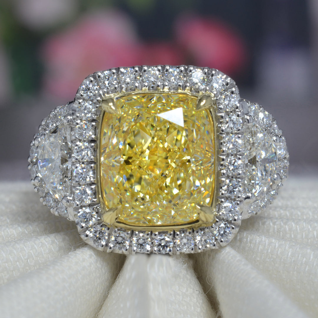 4.10 Ctw Canary Fancy Yellow Cushion & Half Moon Art-Deco Ring VVS1 GIA Certified