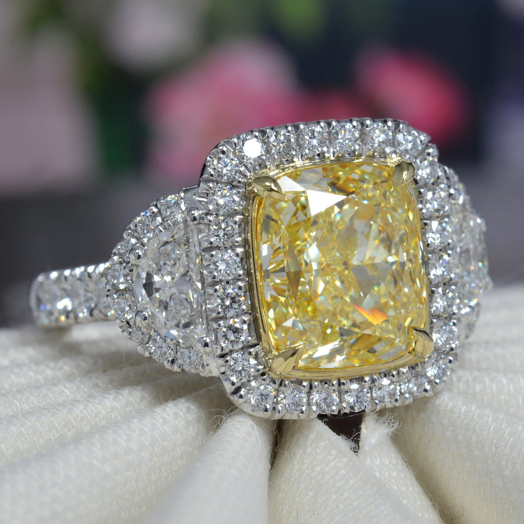 4.10 Ctw Canary Fancy Yellow Cushion & Half Moon Art-Deco Ring VVS1 GIA Certified