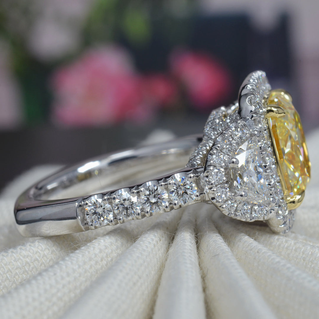 4.10 Ctw Canary Fancy Yellow Cushion & Half Moon Art-Deco Ring VVS1 GIA Certified