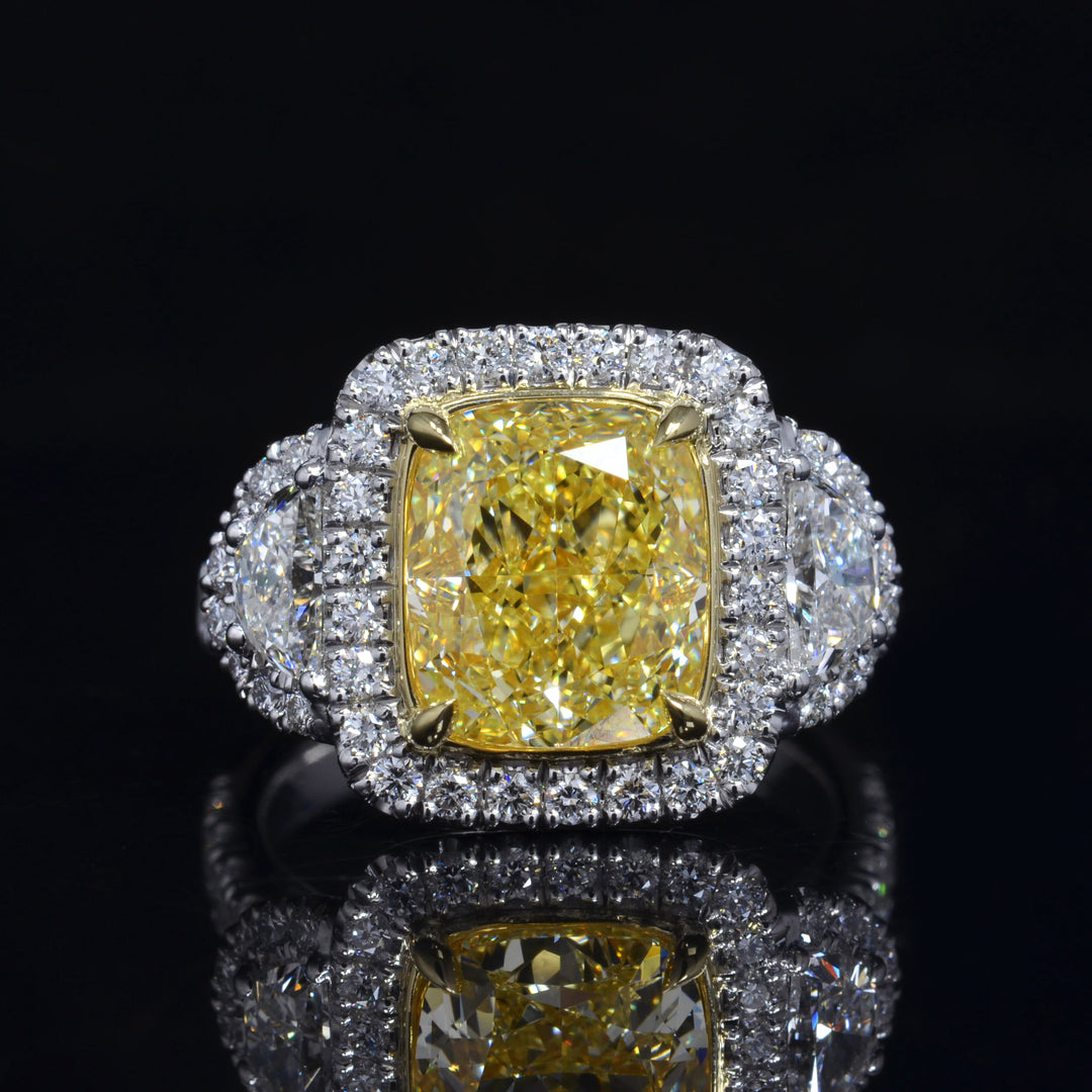 4.10 Ctw Canary Fancy Yellow Cushion & Half Moon Art-Deco Ring VVS1 GIA Certified