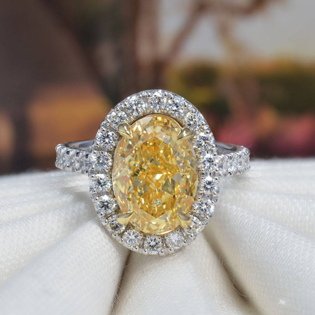 Lab Grown Yellow Oval Cut Halo Diamond Ring VVS2 IGI Certified 3.90 Ctw