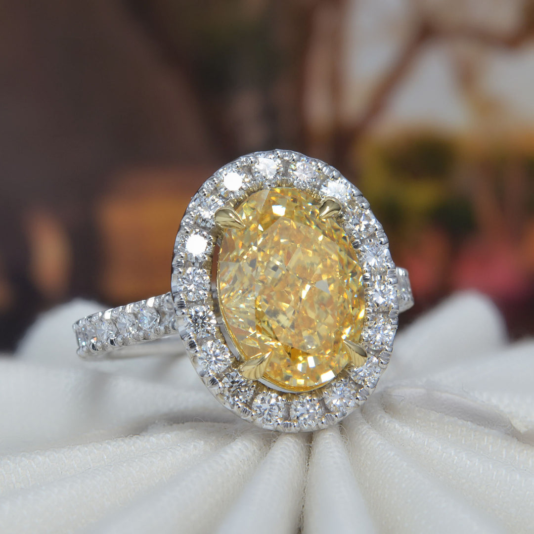 Lab Grown Yellow Oval Cut Halo Diamond Ring VVS2 IGI Certified 3.90 Ctw