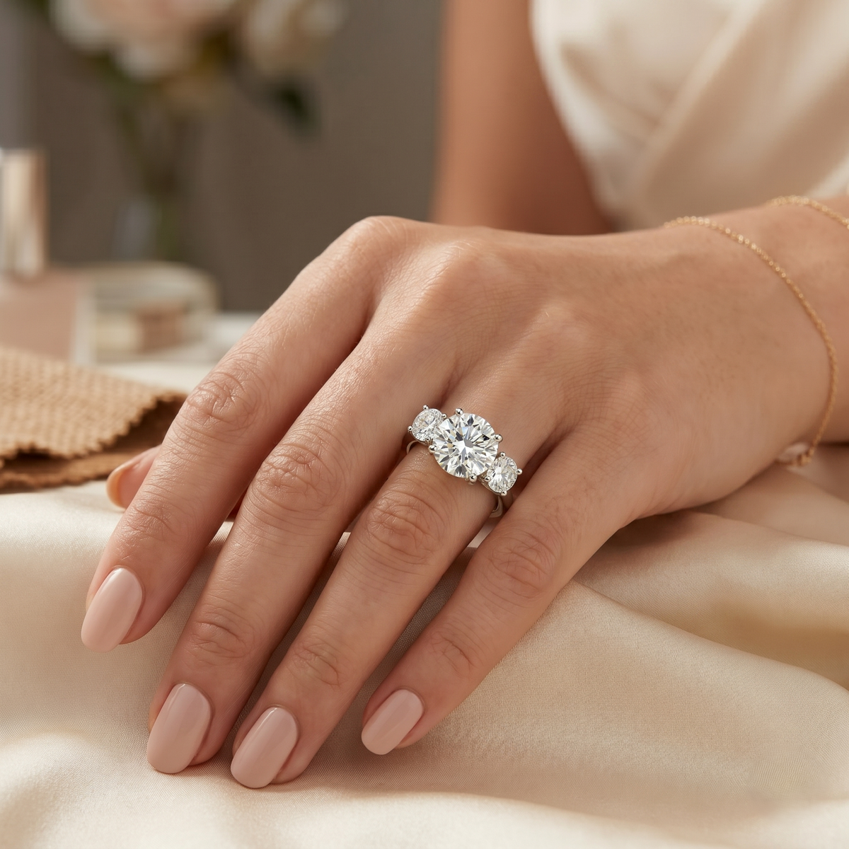 Lab grown round cut 3 stone diamond ring d vvs1 igi certified