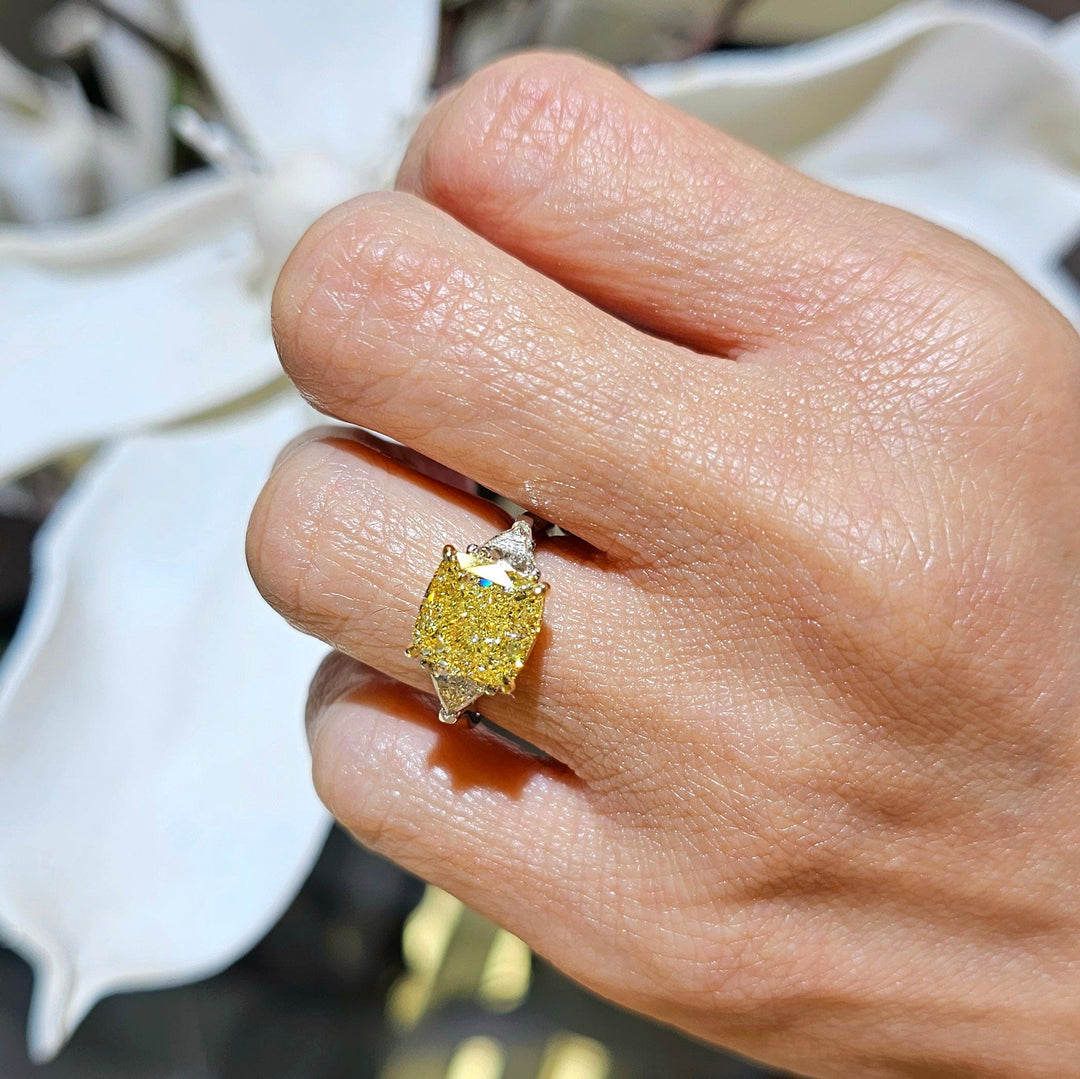 3.70 Ctw Canary Fancy Yellow Cushion & Trillion Cut Diamond Ring VS2 GIA Certified