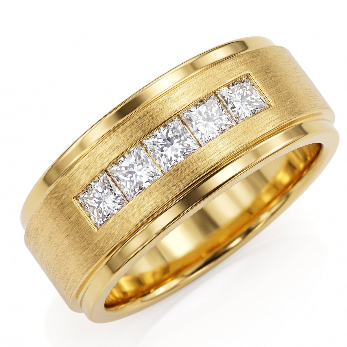 Lab grown princess cut diamond  5 stone men's ring yellow gold