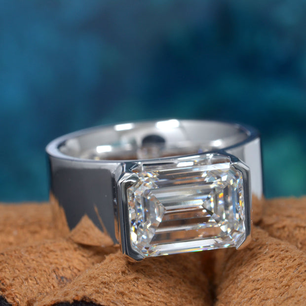 5 Ct Lab Grown Men's Emerald Cut Diamond East-West Half Bezel Ring IGI Certified