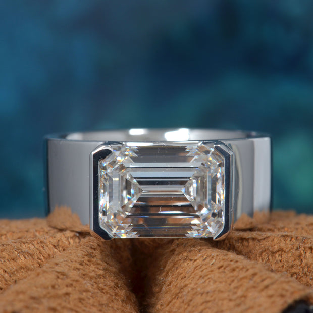 5 Ct Lab Grown Men's Emerald Cut Diamond East-West Half Bezel Ring IGI Certified