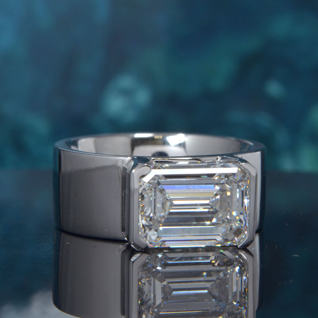 4 Ct. Emerald Cut Half Bezel East-West Men's Ring F Color VS1 GIA Certified
