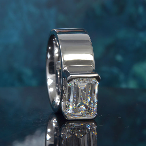 5 Ct Lab Grown Men's Emerald Cut Diamond East-West Half Bezel Ring IGI Certified