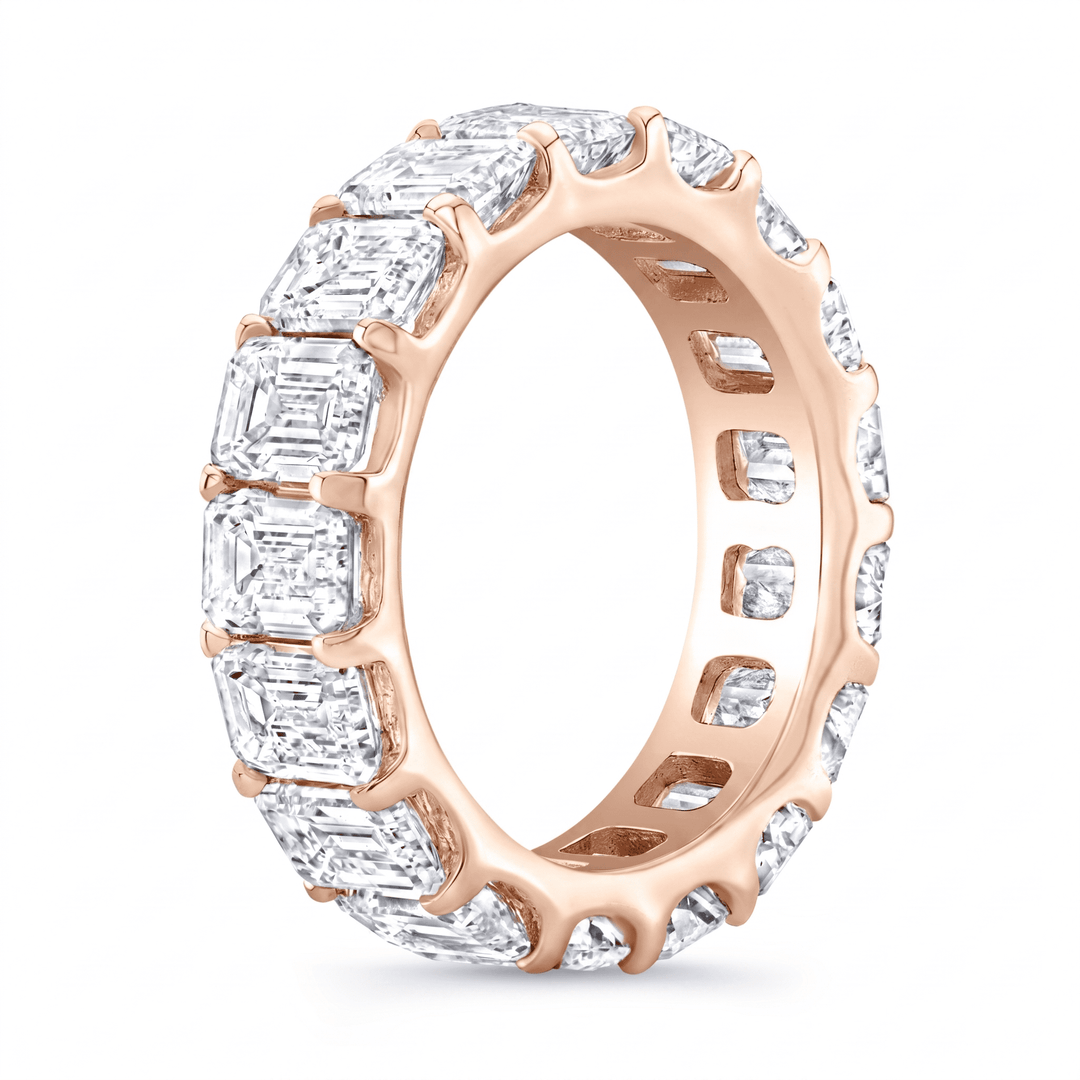 5 carats Emerald cut eternity low profile setting in rose gold side view