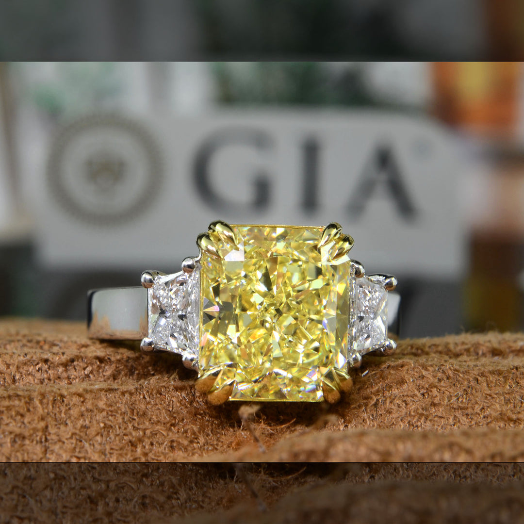 7.70 Ctw Fancy Light Yellow Radiant Cut & Trapezoids 3 Stone Ring VS1 GIA