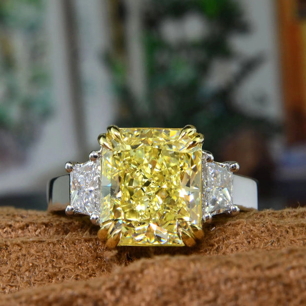 Lab Grown Elongated Yellow Radiant Cut 3-Stone Diamond Ring VVS2 IGI Certified