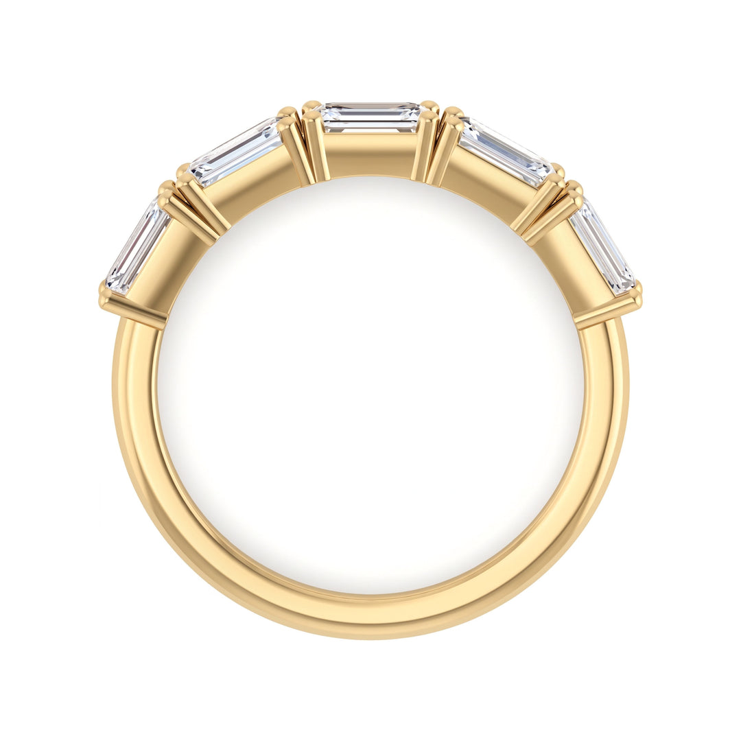 5 stone emerald cut east west diamond band yellow gold, shown against a plain white background.